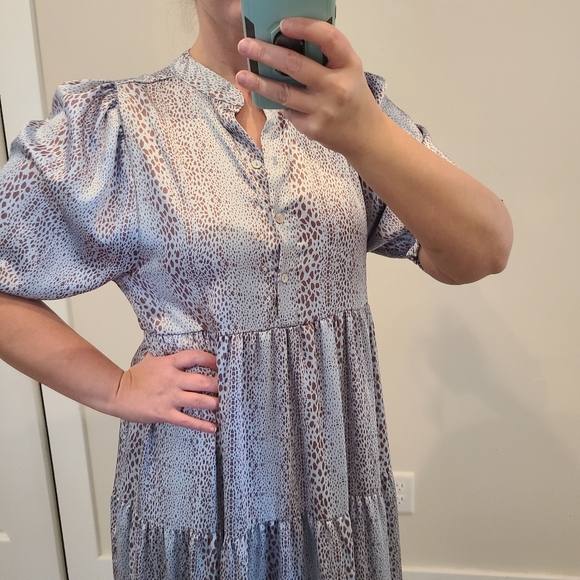 KARLIE Icy Blue And Brown Dot Print Satin Oversized Tiered Maxi Dress - Picture 2 of 12